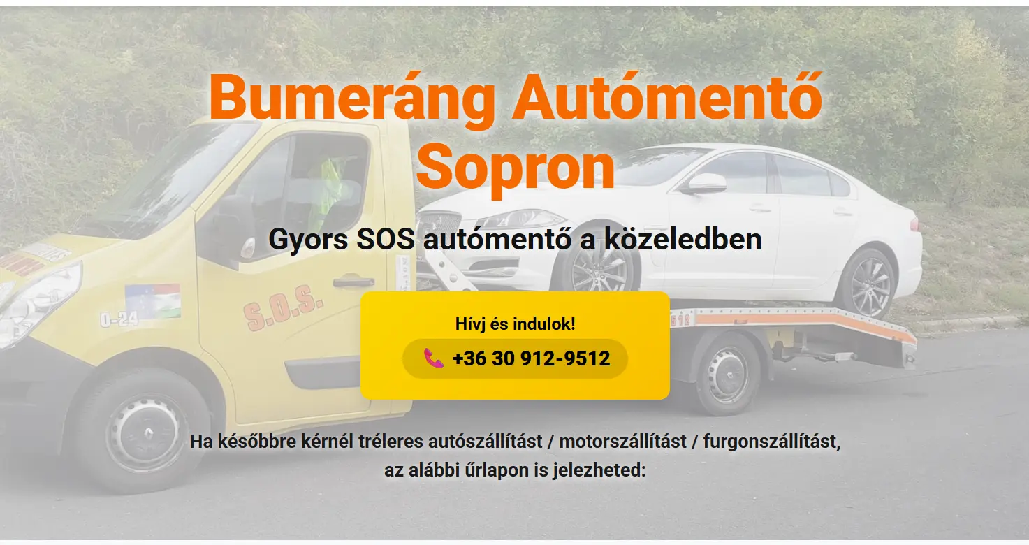Bumeráng Autómentő weboldal előnézet - HelloSEO referencia